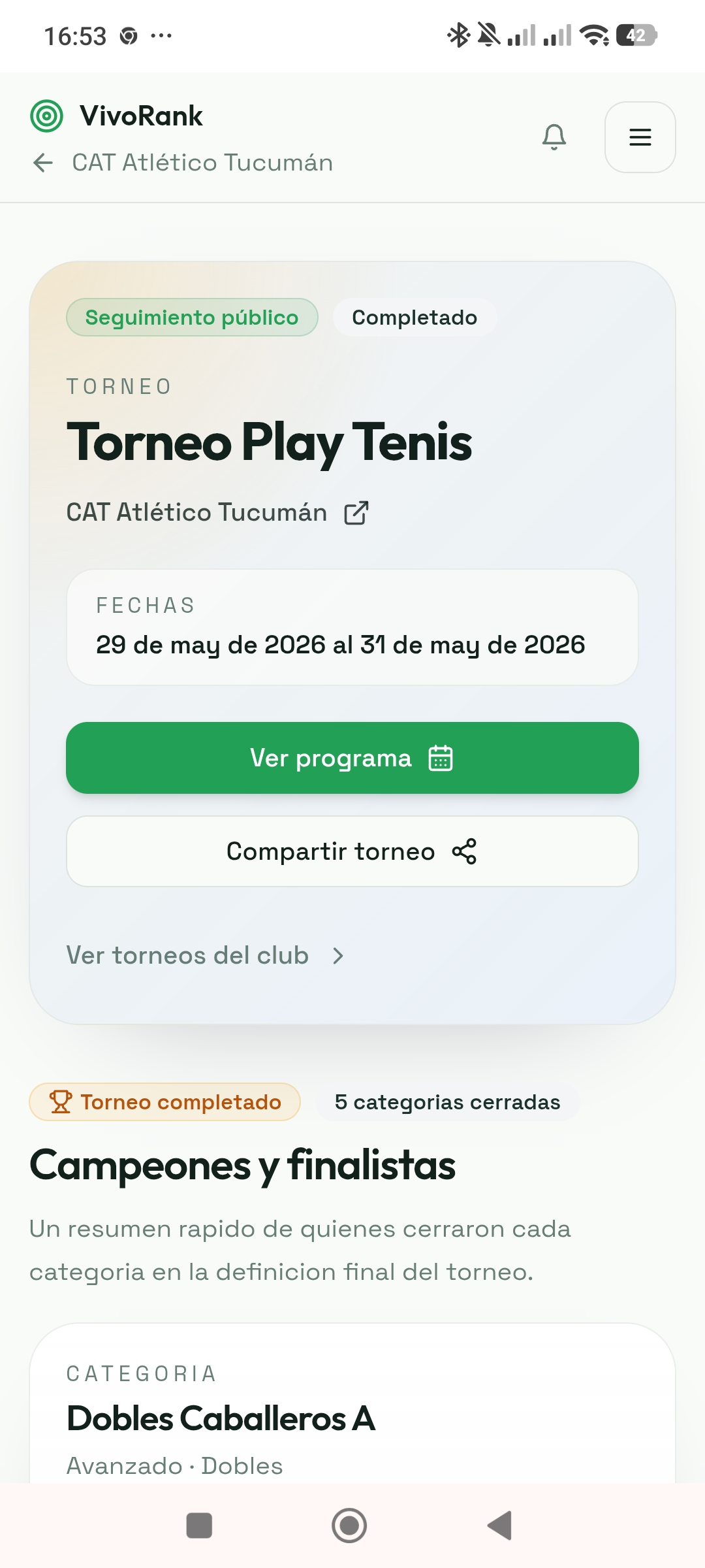 Portada publica del torneo VivoRank con accesos al programa y resumen principal.