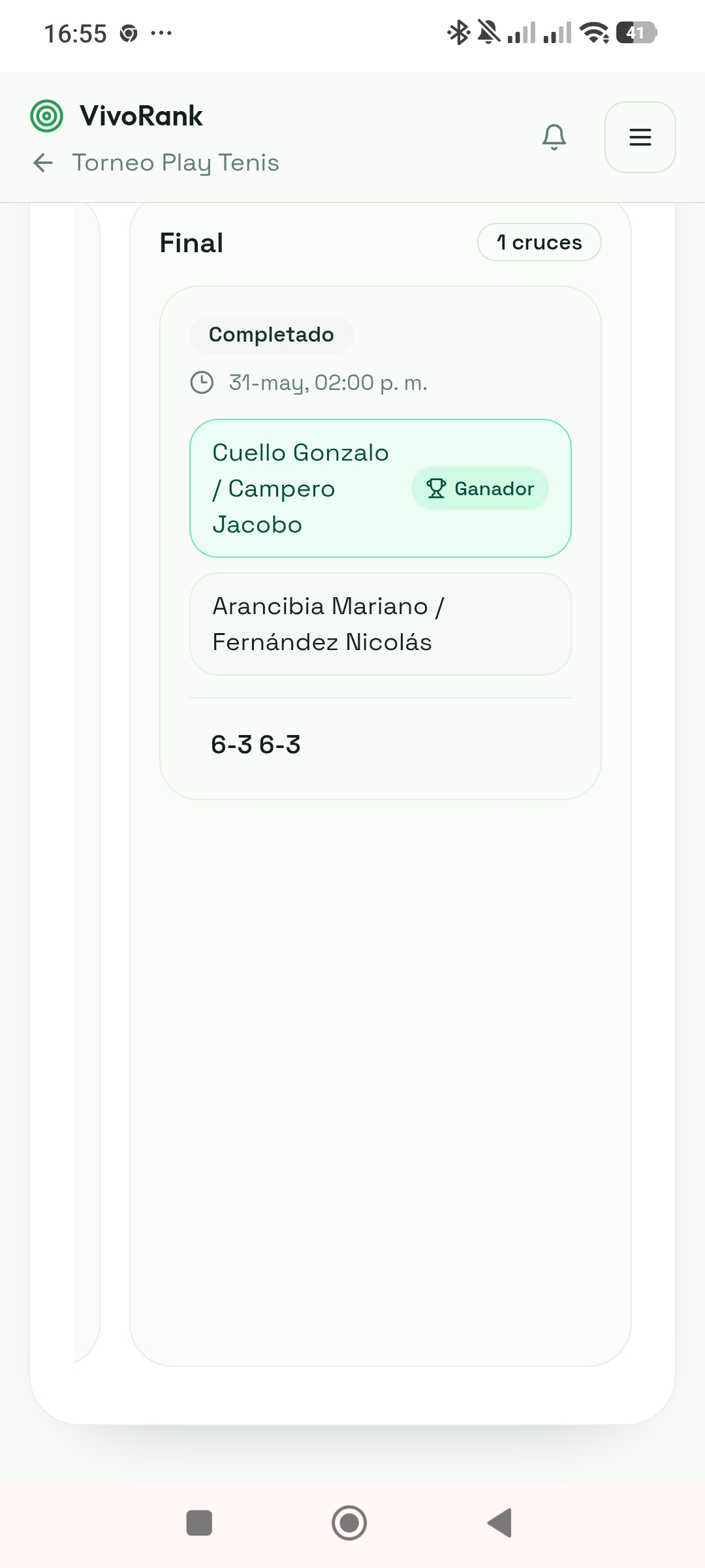 Partido final del torneo con pareja ganadora y resultado final publicados en VivoRank.